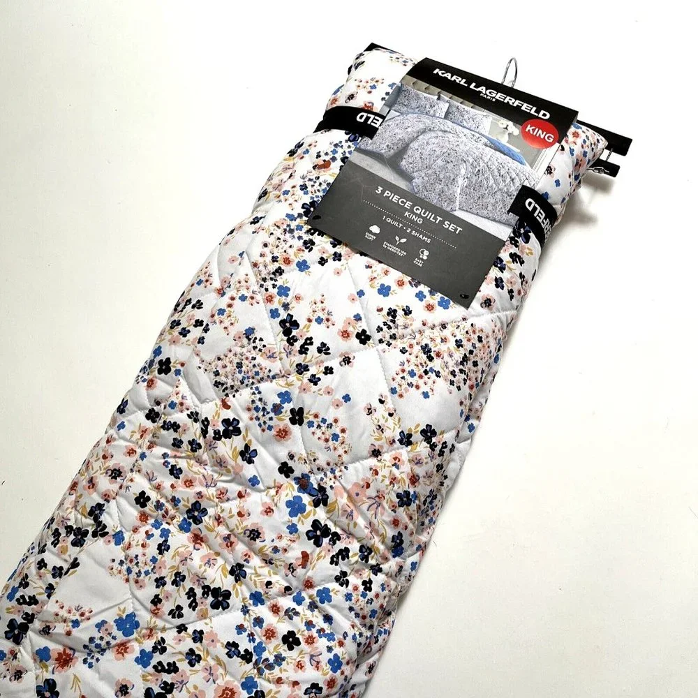 NWT KARL LAGERFELD 3pc Quilt Set + Shams Ditsy Floral King Comforter 102 x 86